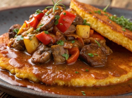 Gulasz wieprzowy z plackami ziemniaczanymi oraz ogórkiem kiszonym