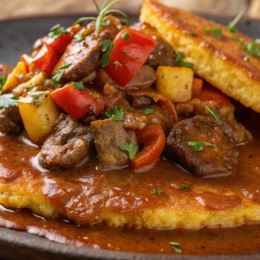 Gulasz wieprzowy z plackami ziemniaczanymi oraz ogórkiem kiszonym