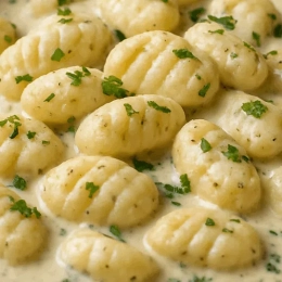 Gniocchi w kremowym sosie śmietanowo bazyliowym z kurczakiem, pomidorkami cherry, szpinakiem i pecorio roamno