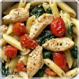 Penne pesto z kurczakiem w śmietanowym sosie z suszonymi pomidorami, szpinakiem oraz pecorino romano