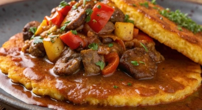 Gulasz wieprzowy z plackami ziemniaczanymi oraz ogórkiem kiszonym