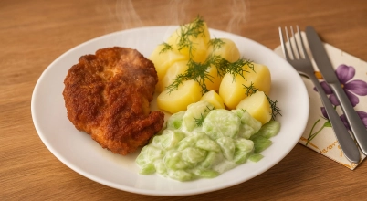 Schabowy z ziemniakami i mizerią