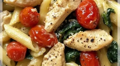 Penne pesto z kurczakiem w śmietanowym sosie z suszonymi pomidorami, szpinakiem oraz pecorino romano
